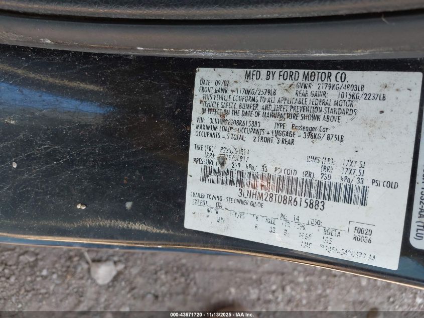 2008 Lincoln Mkz VIN: 3LNHM28T08R615883 Lot: 43671720