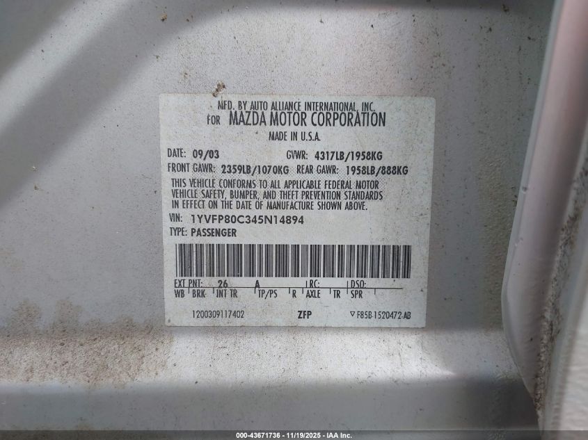 2004 Mazda Mazda6 I VIN: 1YVFP80C345N14894 Lot: 43671736
