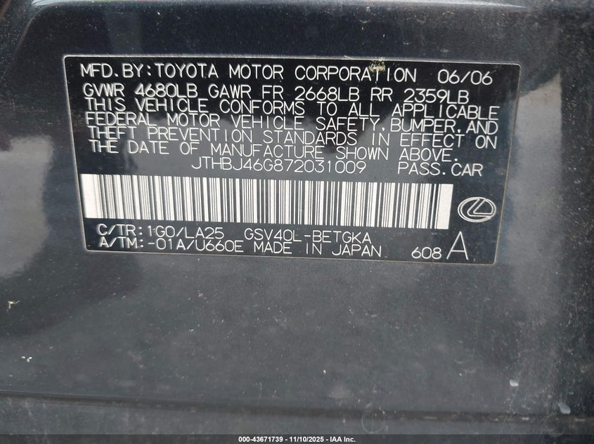 JTHBJ46G872031009 2007 LEXUS ES photo no. 9