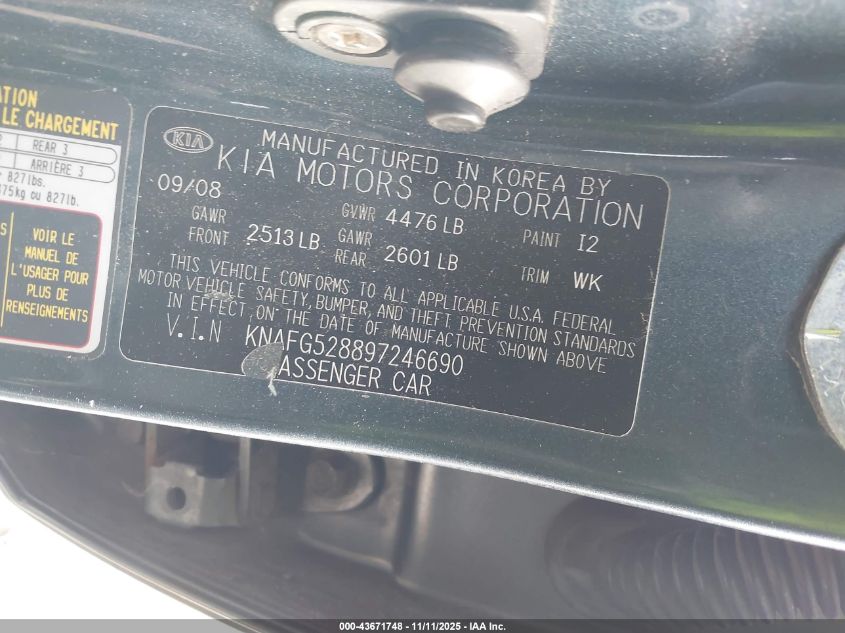 2009 Kia Rondo Lx VIN: KNAFG528897246690 Lot: 43671748