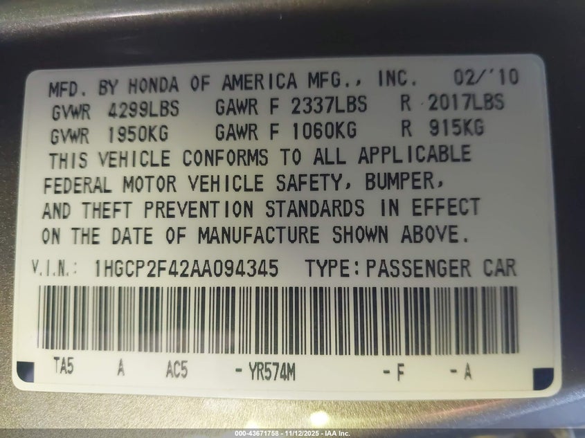 1HGCP2F42AA094345 2010 HONDA ACCORD photo no. 9