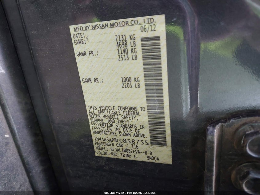 2012 Nissan Maxima 3.5 Sv VIN: 1N4AA5AP8CC858755 Lot: 43671782