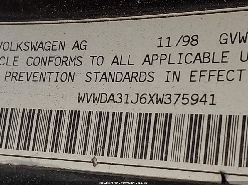1999 Volkswagen Gti Gls VIN: WVWDA31J6XW375941 Lot: 43671787