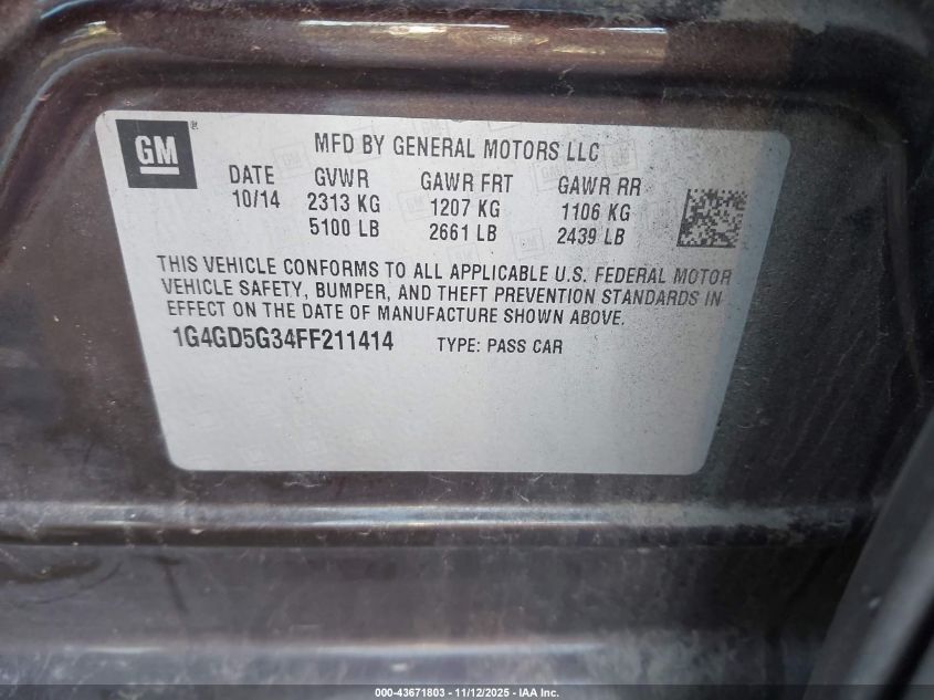 2015 Buick Lacrosse Premium I VIN: 1G4GD5G34FF211414 Lot: 43671803