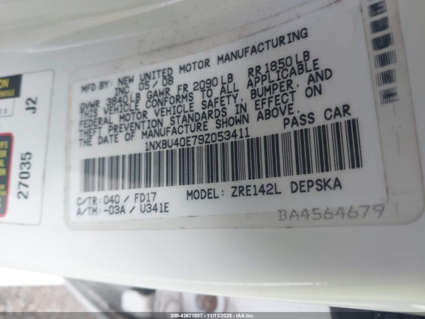 2009 Toyota Corolla S VIN: 1NXBU40E79Z053411 Lot: 43671807