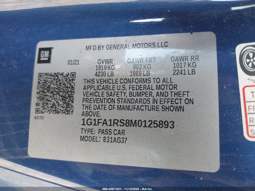 2021 Chevrolet Camaro Rwd 1Lt VIN: 1G1FA1RS8M0125893 Lot: 43671831