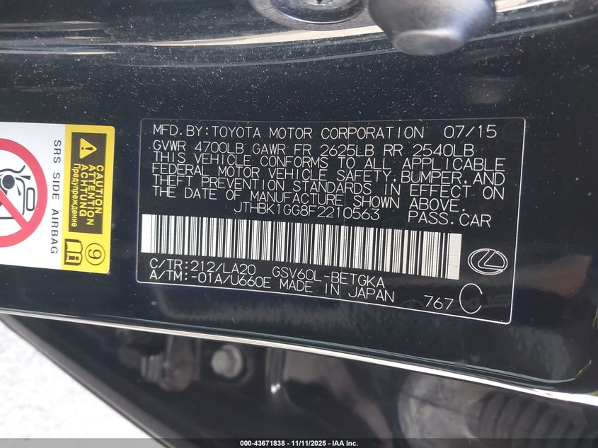 2015 LEXUS ES 350 JTHBK1GG8F2210563