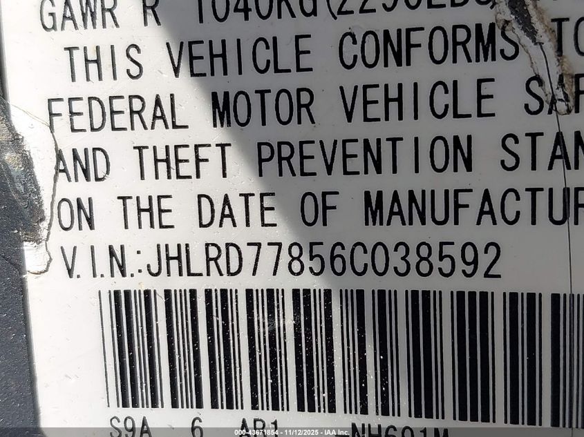 2006 Honda Cr-V Ex VIN: JHLRD77856C038592 Lot: 43671854