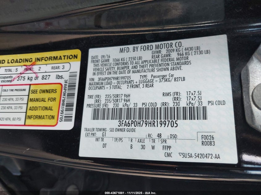 2017 FORD FUSION SE 3FA6P0H79HR199705