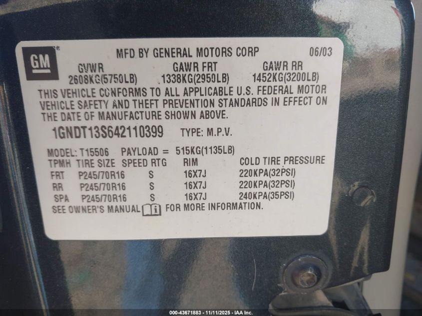 2004 Chevrolet Trailblazer Ls VIN: 1GNDT13S642110399 Lot: 43671883