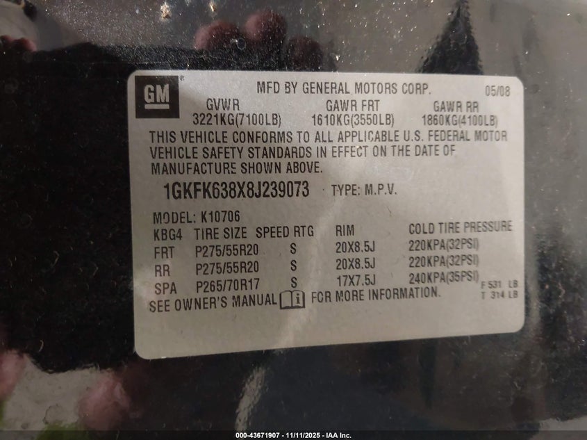 2008 GMC Yukon Denali VIN: 1GKFK638X8J239073 Lot: 43671907