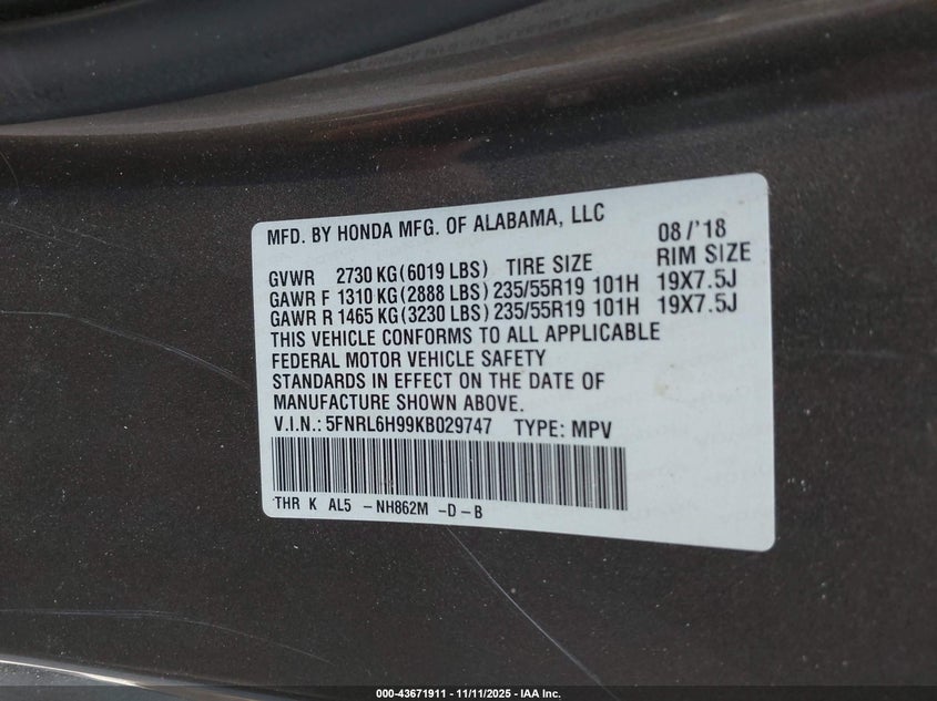 2019 HONDA ODYSSEY ELITE 5FNRL6H99KB029747