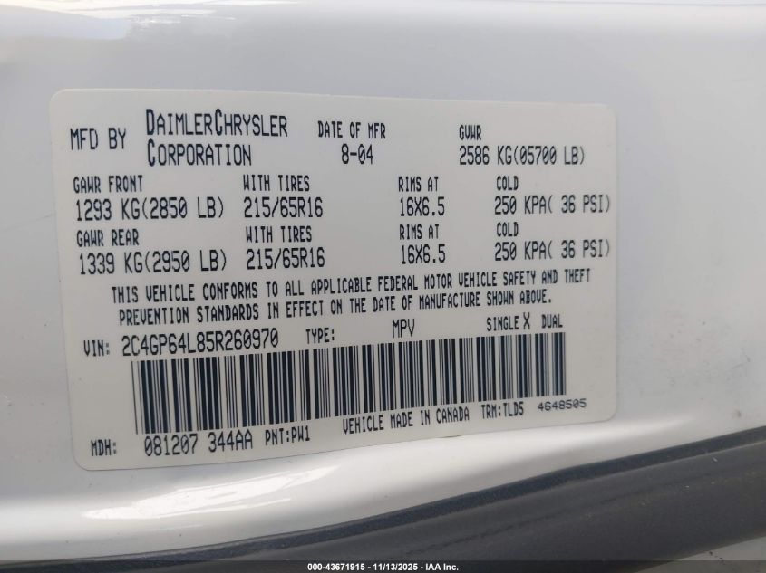 2005 Chrysler Town & Country Limited VIN: 2C4GP64L85R260970 Lot: 43671915