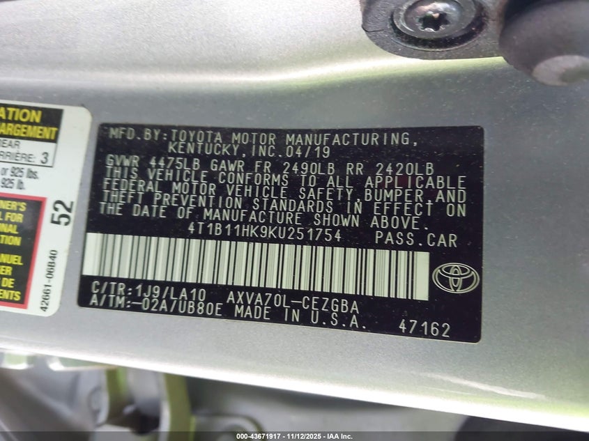 4T1B11HK9KU251754 2019 TOYOTA CAMRY photo no. 9