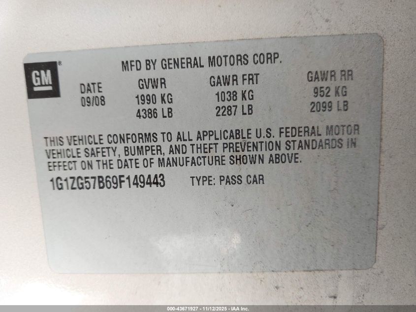 2009 Chevrolet Malibu Ls VIN: 1G1ZG57B69F149443 Lot: 43671927