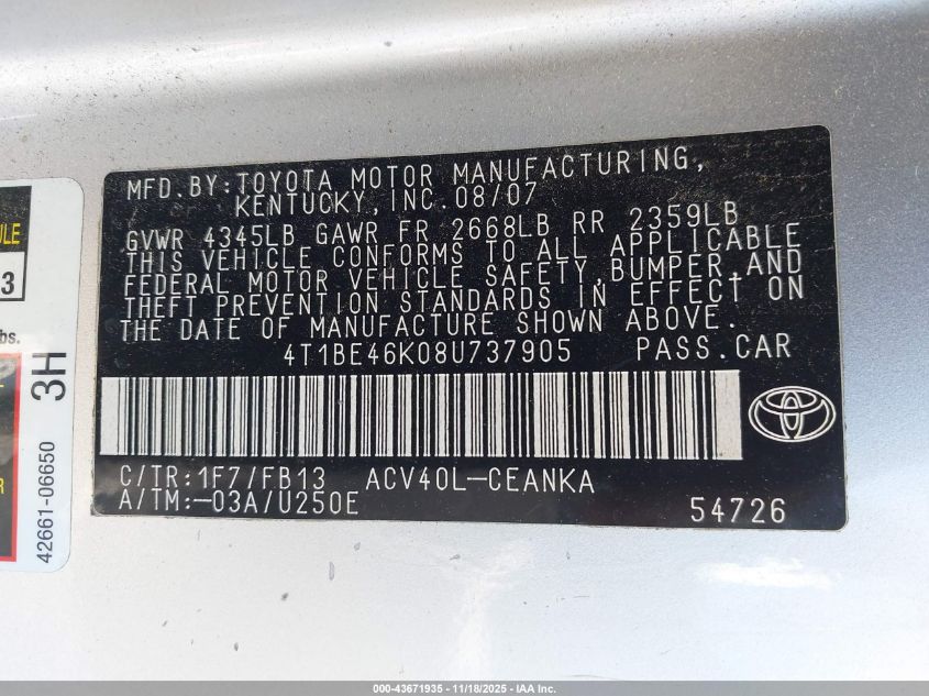 2008 Toyota Camry VIN: 4T1BE46K08U737905 Lot: 43671935