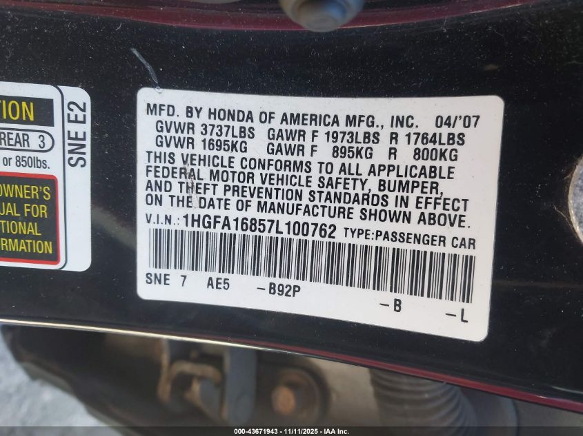 2007 Honda Civic Ex VIN: 1HGFA16857L100762 Lot: 43671943