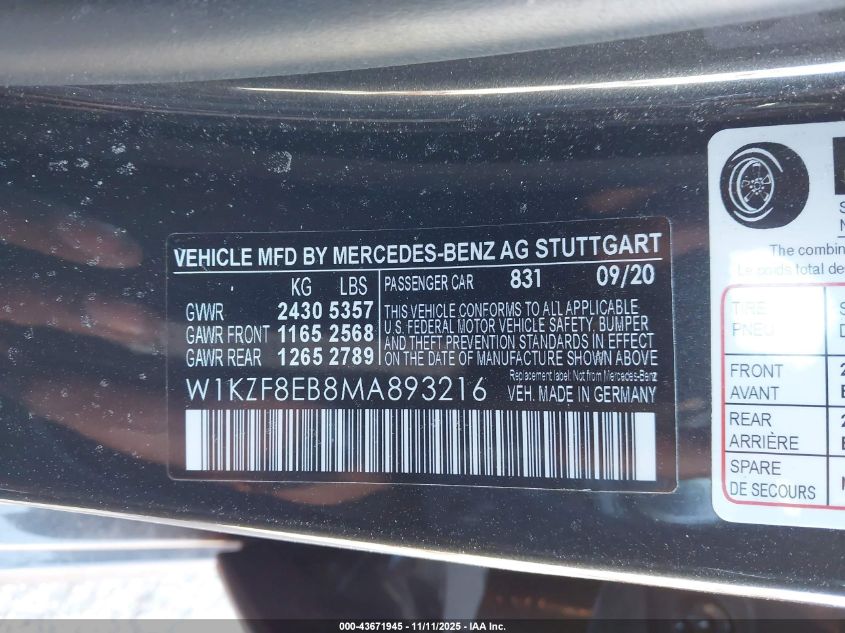 2021 Mercedes-Benz E 350 4Matic VIN: W1KZF8EB8MA893216 Lot: 43671945