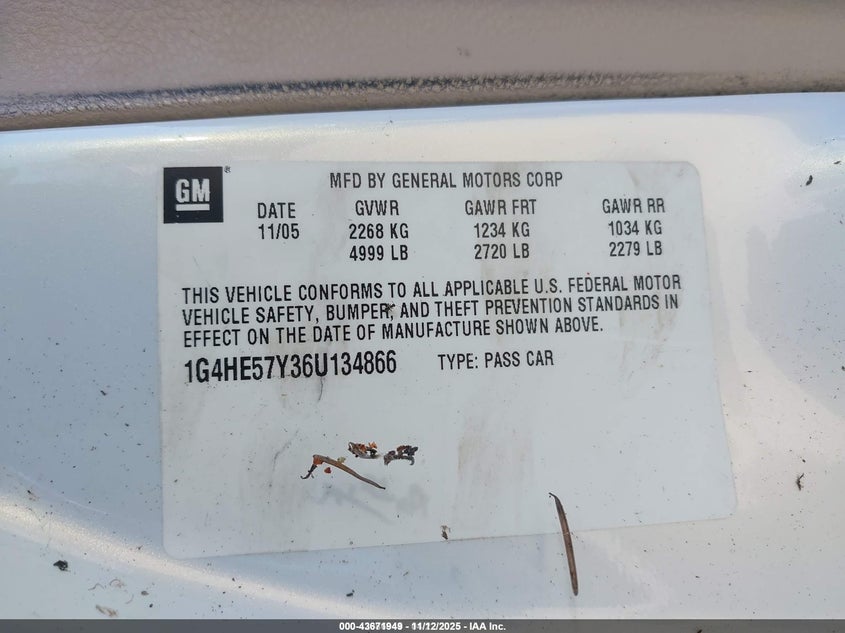 2006 Buick Lucerne Cxs VIN: 1G4HE57Y36U134866 Lot: 43671949