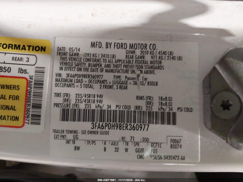 2014 FORD FUSION SE 3FA6P0H98ER360977
