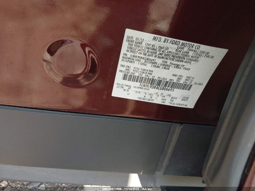 2012 Lincoln Mks VIN: 1LNHL9DR4CG806695 Lot: 43671986