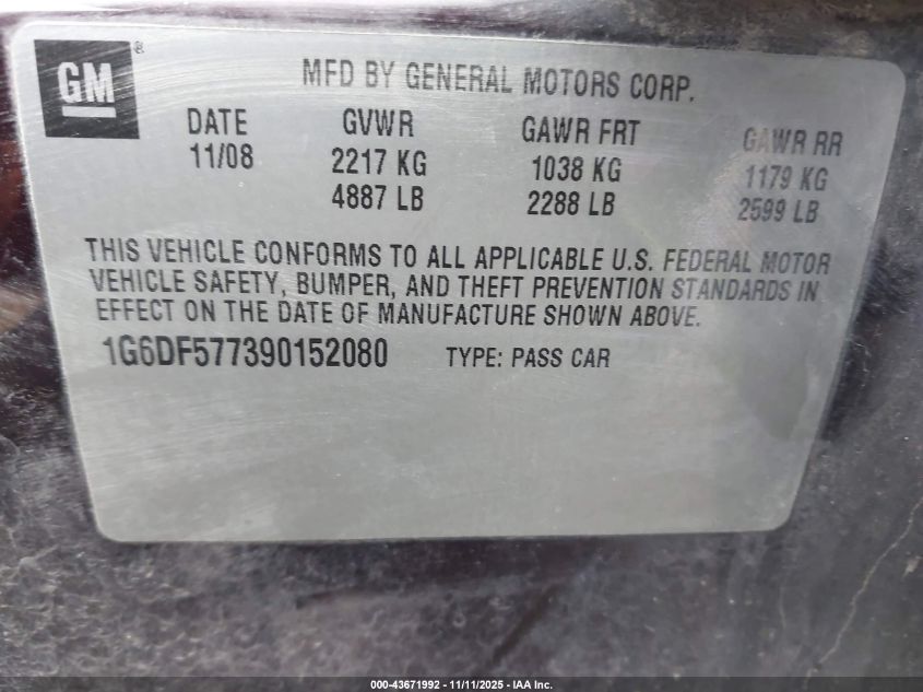 2009 Cadillac Cts Standard VIN: 1G6DF577390152080 Lot: 43671992