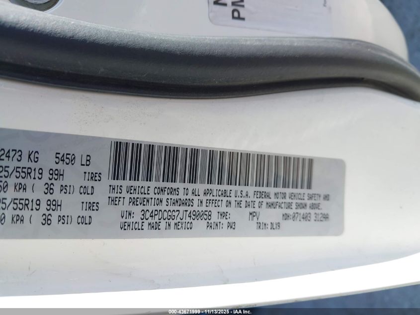 2018 Dodge Journey Crossroad VIN: 3C4PDCGG7JT490058 Lot: 43671999