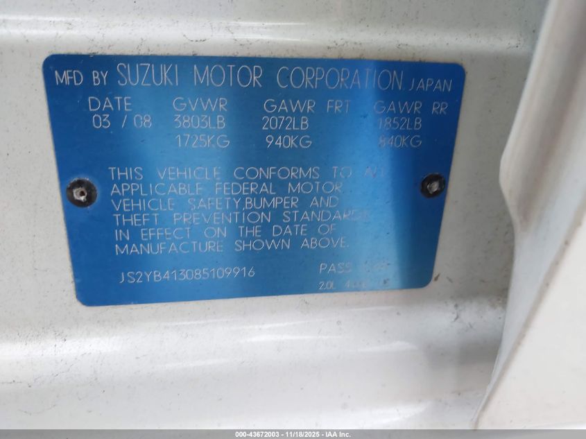 2008 Suzuki Sx4 Convenience/Touring VIN: JS2YB413085109916 Lot: 43672003
