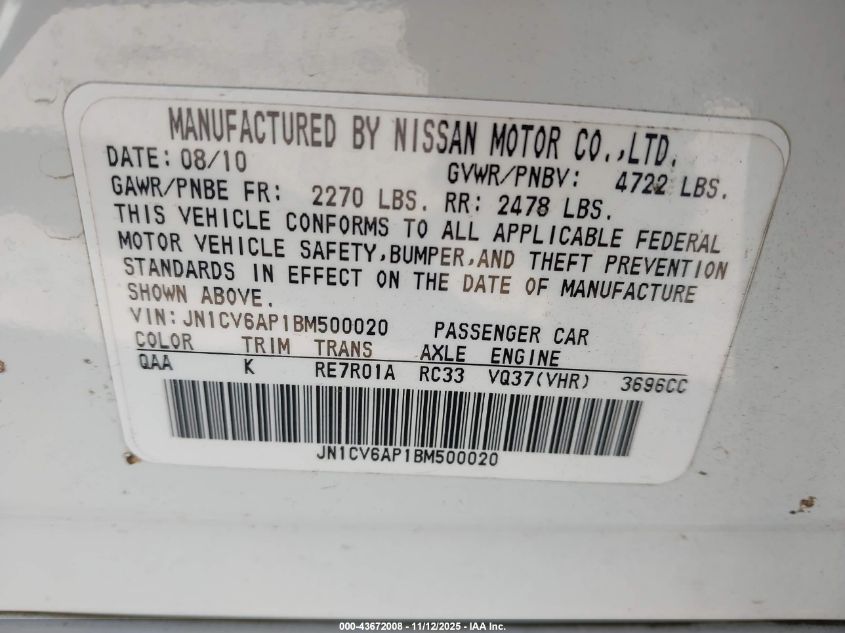 2011 Infiniti G37 Journey VIN: JN1CV6AP1BM500020 Lot: 43672008