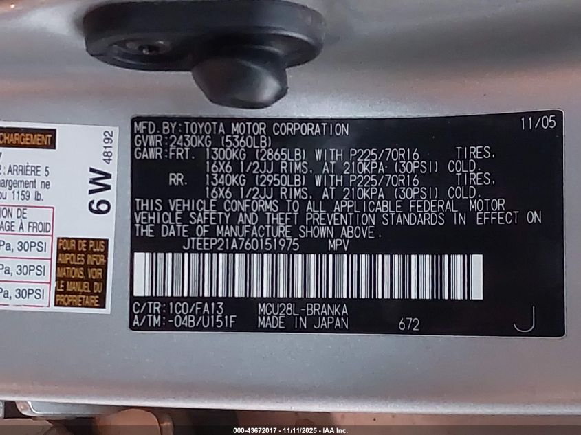 2006 Toyota Highlander V6 VIN: JTEEP21A760151975 Lot: 43672017