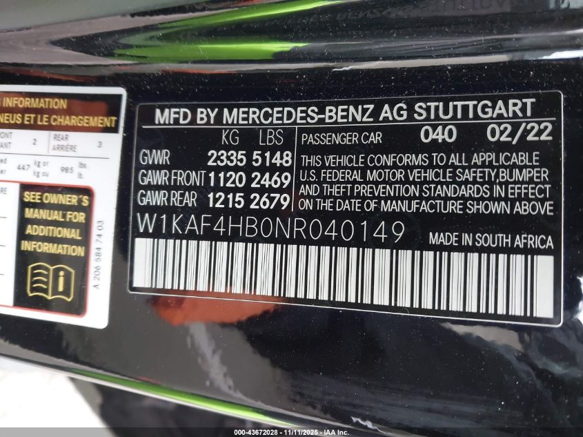 2022 Mercedes-Benz C 300 4Matic VIN: W1KAF4HB0NR040149 Lot: 43672028