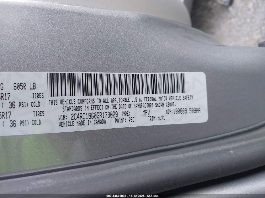 2016 Chrysler Town & Country Touring VIN: 2C4RC1BG0GR173029 Lot: 43672036