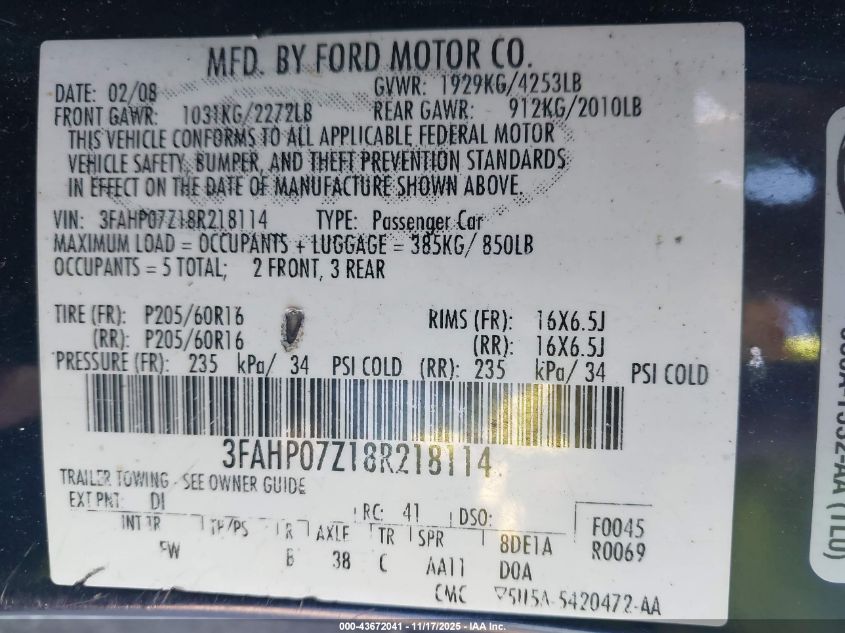 2008 Ford Fusion Se VIN: 3FAHP07Z18R218114 Lot: 43672041