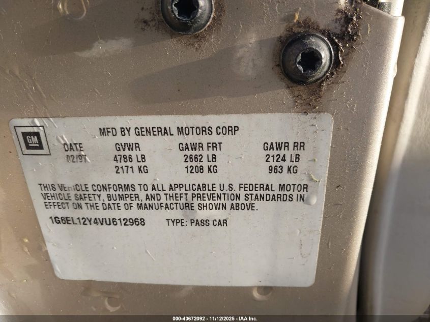 1997 Cadillac Eldorado VIN: 1G6EL12Y4VU612968 Lot: 43672092