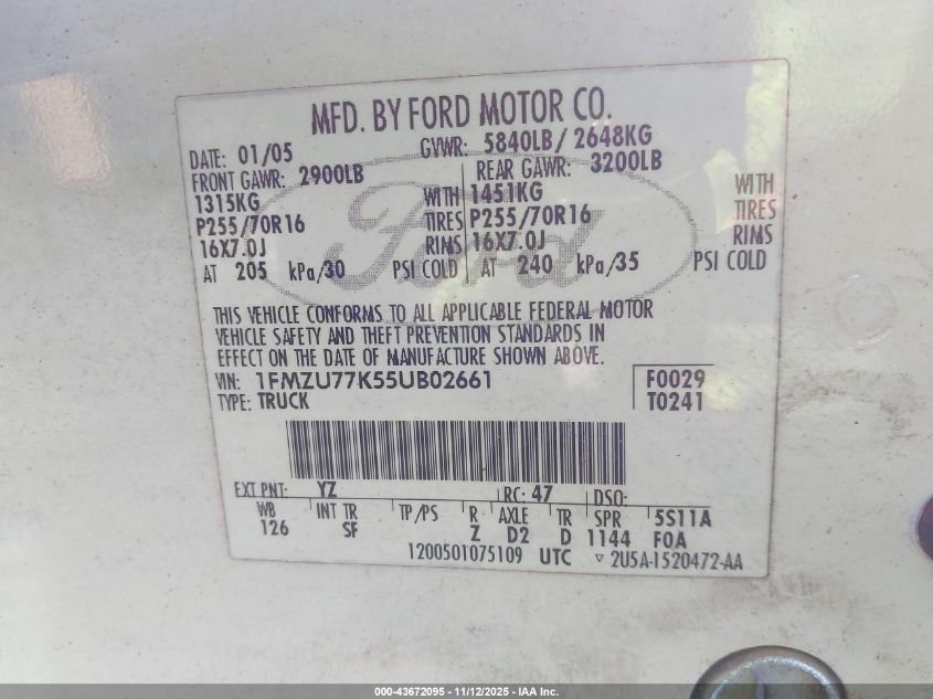 2005 Ford Explorer Sport Trac Adrenalin/Xls/Xlt VIN: 1FMZU77K55UB02661 Lot: 43672095