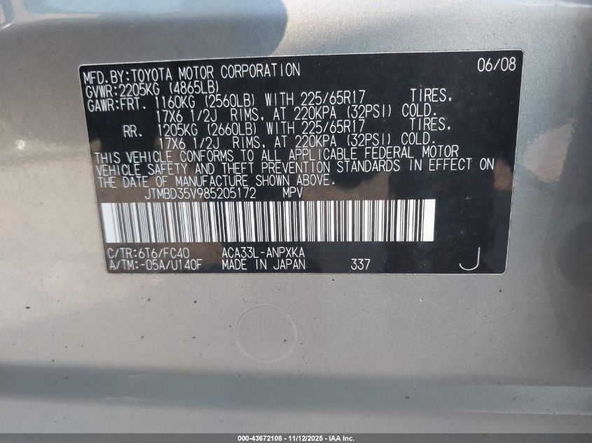 2008 Toyota Rav4 VIN: JTMBD35V985205172 Lot: 43672108