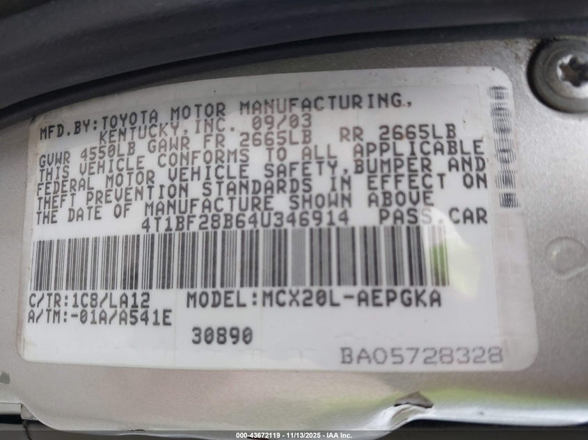 2004 Toyota Avalon Xls VIN: 4T1BF28B64U346914 Lot: 43672119