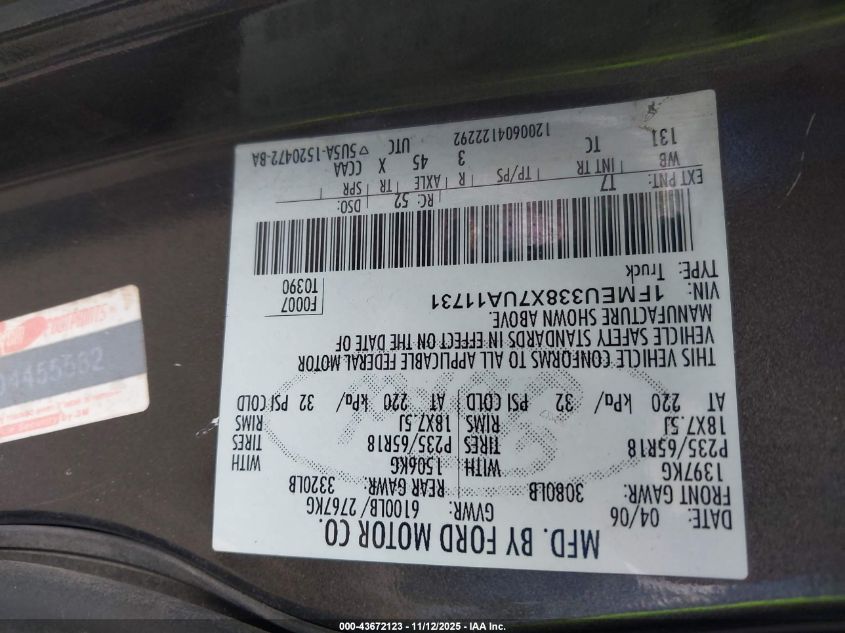 2007 Ford Explorer Sport Trac Limited VIN: 1FMEU338X7UA11731 Lot: 43672123