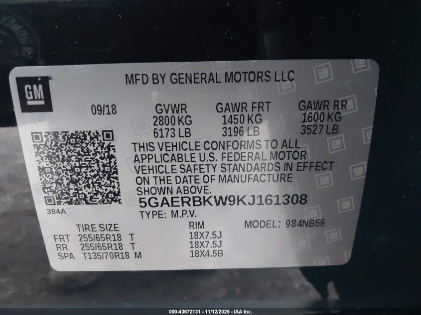 2019 Buick Enclave Fwd Essence VIN: 5GAERBKW9KJ161308 Lot: 43672131