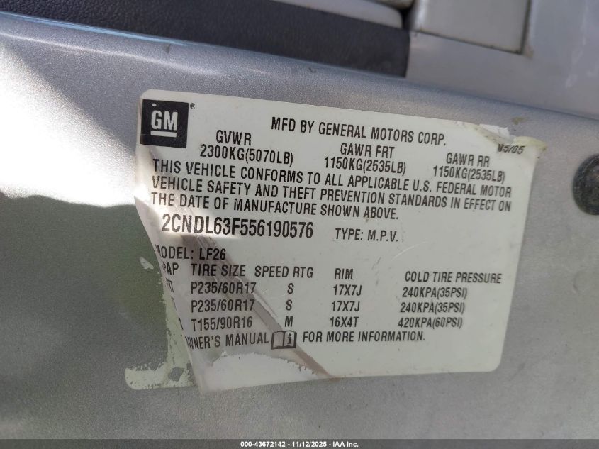 2005 Chevrolet Equinox Lt VIN: 2CNDL63F556190576 Lot: 43672142