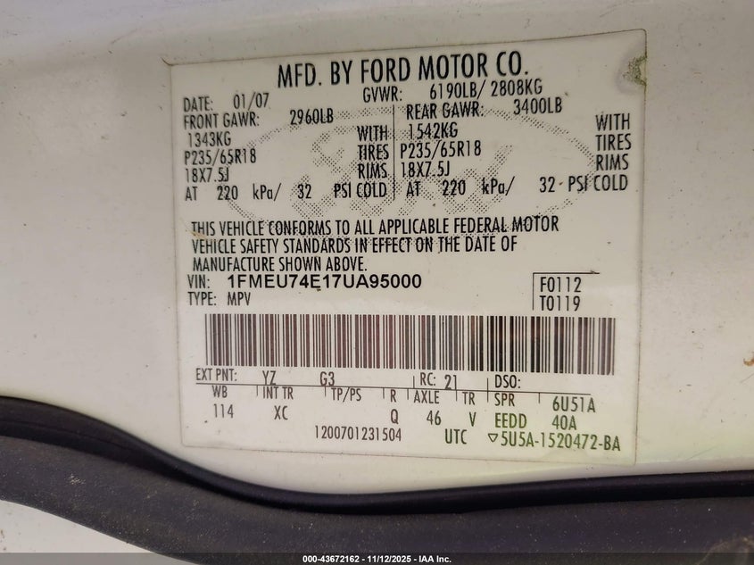 2007 Ford Explorer Eddie Bauer VIN: 1FMEU74E17UA95000 Lot: 43672162