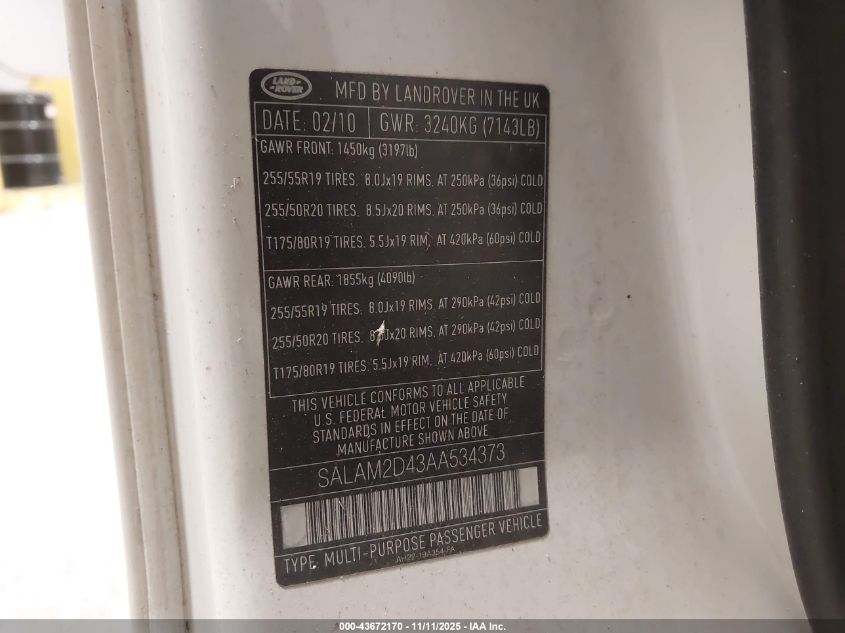 2010 Land Rover Lr4 VIN: SALAM2D43AA534373 Lot: 43672170