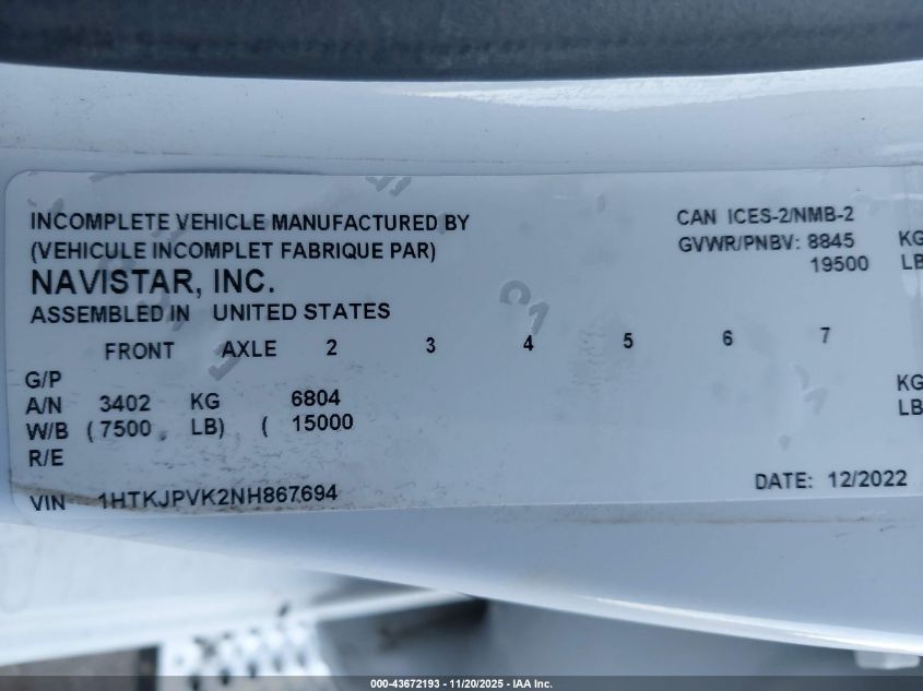 2022 Chevrolet Silverado 4500Hd 1Wt VIN: 1HTKJPVK2NH867694 Lot: 43672193