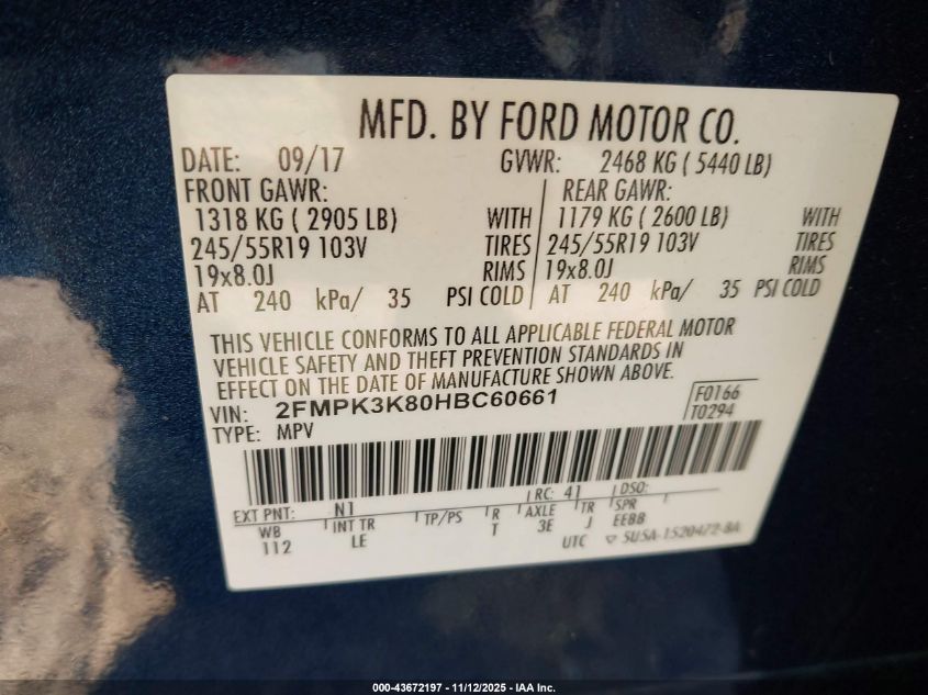 2017 Ford Edge Titanium VIN: 2FMPK3K80HBC60661 Lot: 43672197