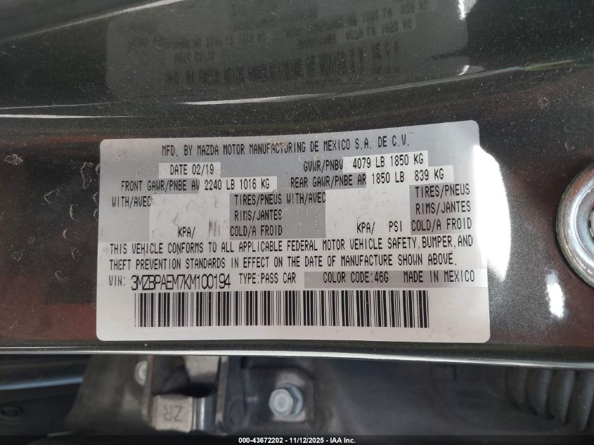 2019 Mazda Mazda3 Premium Package VIN: 3MZBPAEM7KM100194 Lot: 43672202