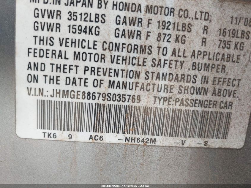 2009 Honda Fit Sport VIN: JHMGE88679S035769 Lot: 43672203