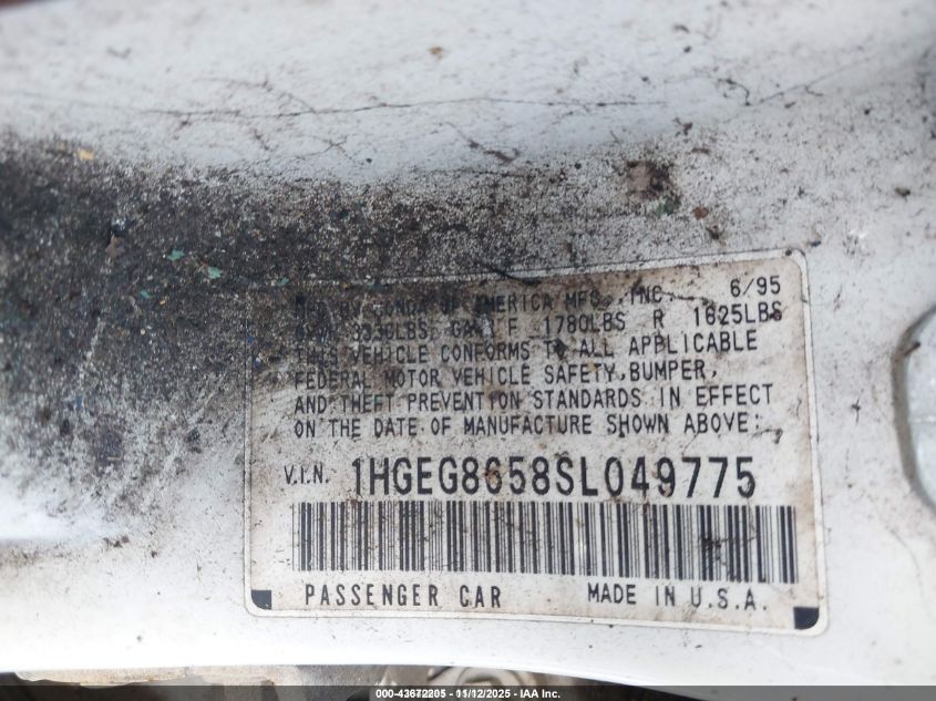 1995 Honda Civic Lx VIN: 1HGEG8658SL049775 Lot: 43672205