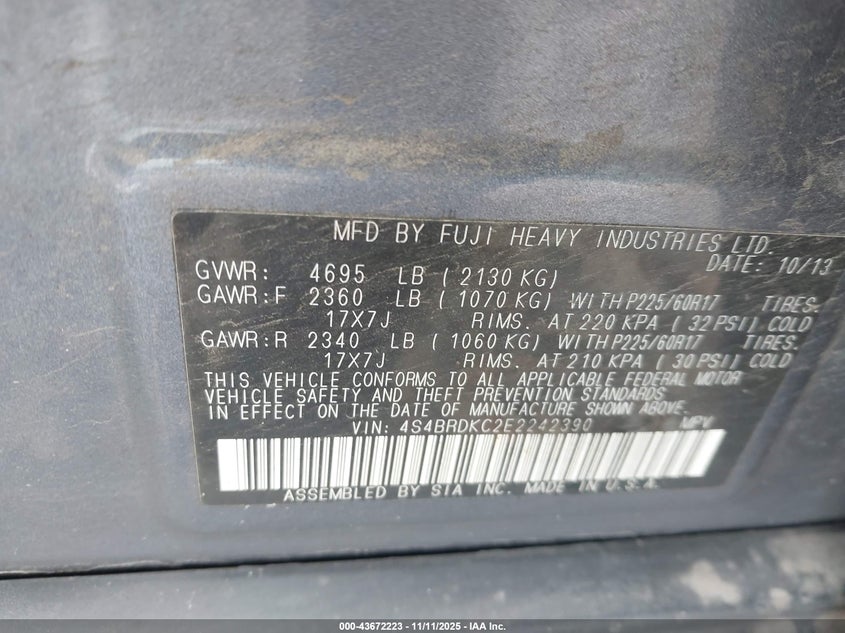 2014 SUBARU OUTBACK 3.6R LIMITED - 4S4BRDKC2E2242390