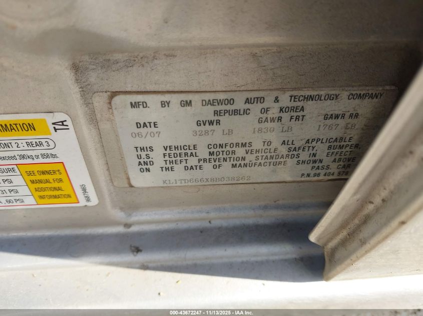 2008 Chevrolet Aveo 5 Ls VIN: KL1TD666X8B038262 Lot: 43672247