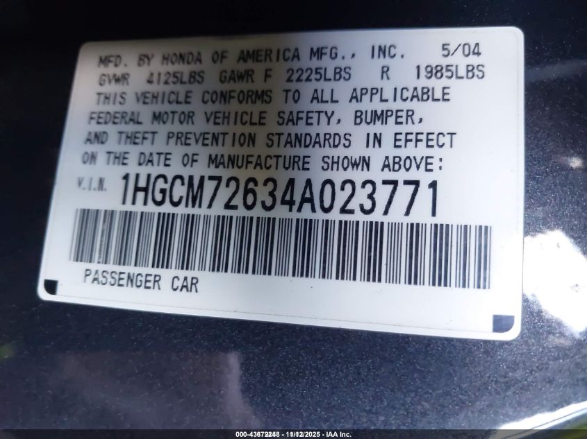 2004 Honda Accord 2.4 Ex VIN: 1HGCM72634A023771 Lot: 43672248